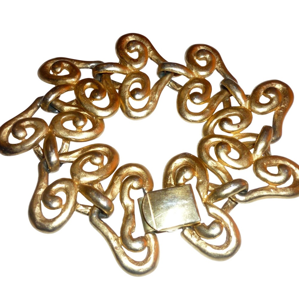 Erwin Pearl Vintage Gold‎ Tone Scroll Link Statement Bracelet Textured Matte